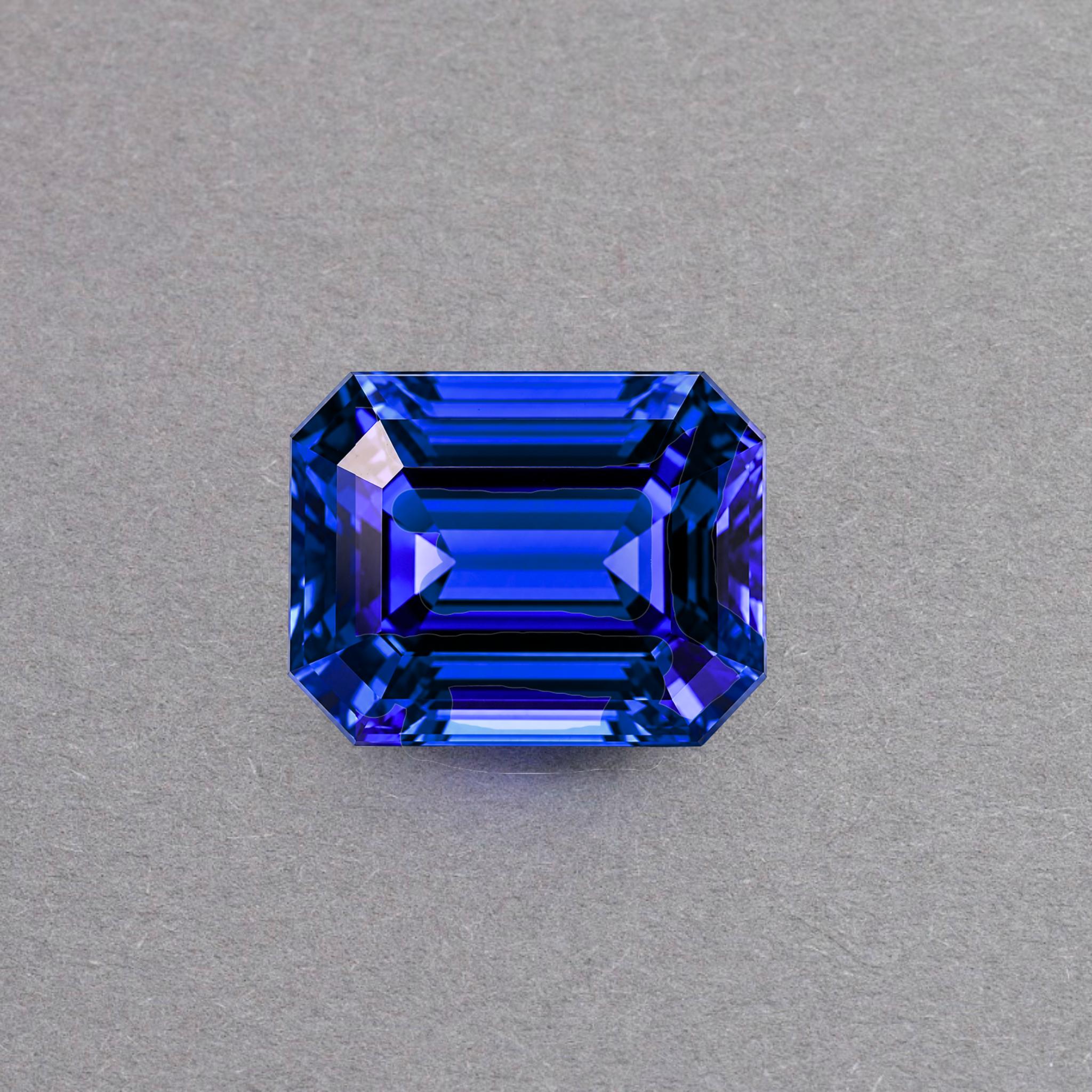 Emerald-cut tanzanite gemstone with vivid royal blue colour