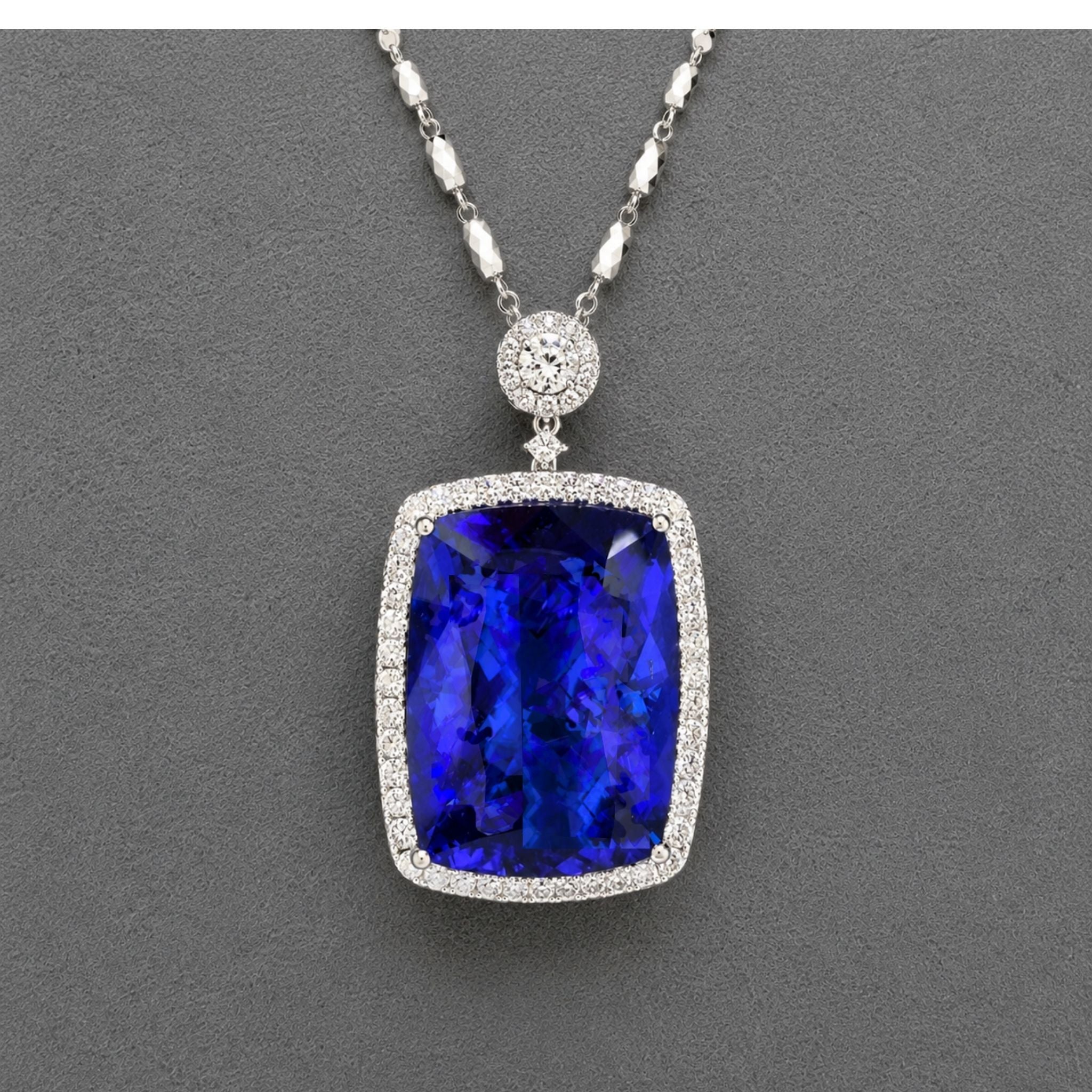 Investment-Grade Square 54 Carat Tanzanite and Diamond Pendant Necklace
