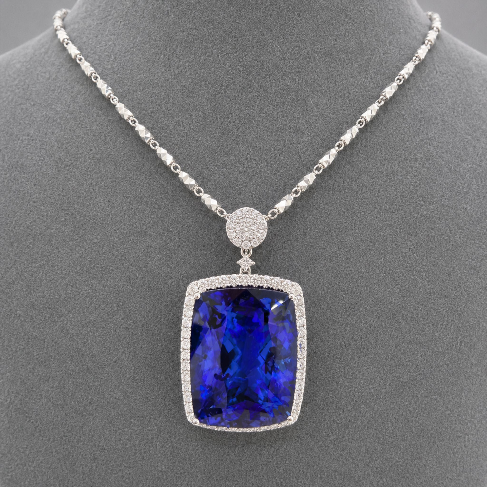Investment-Grade Square 54 Carat Tanzanite and Diamond Pendant Necklace
