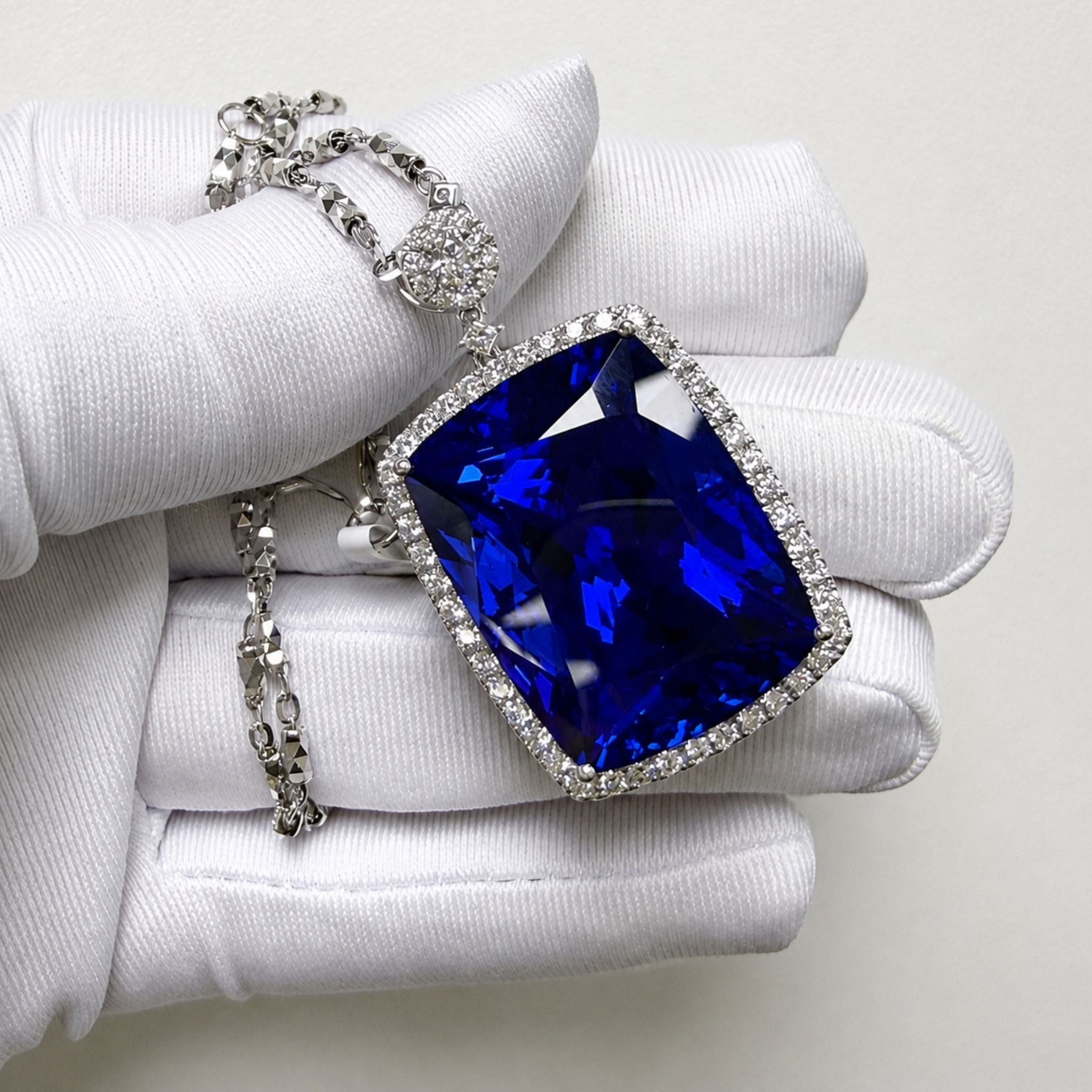 Investment-Grade Square 54 Carat Tanzanite and Diamond Pendant Necklace