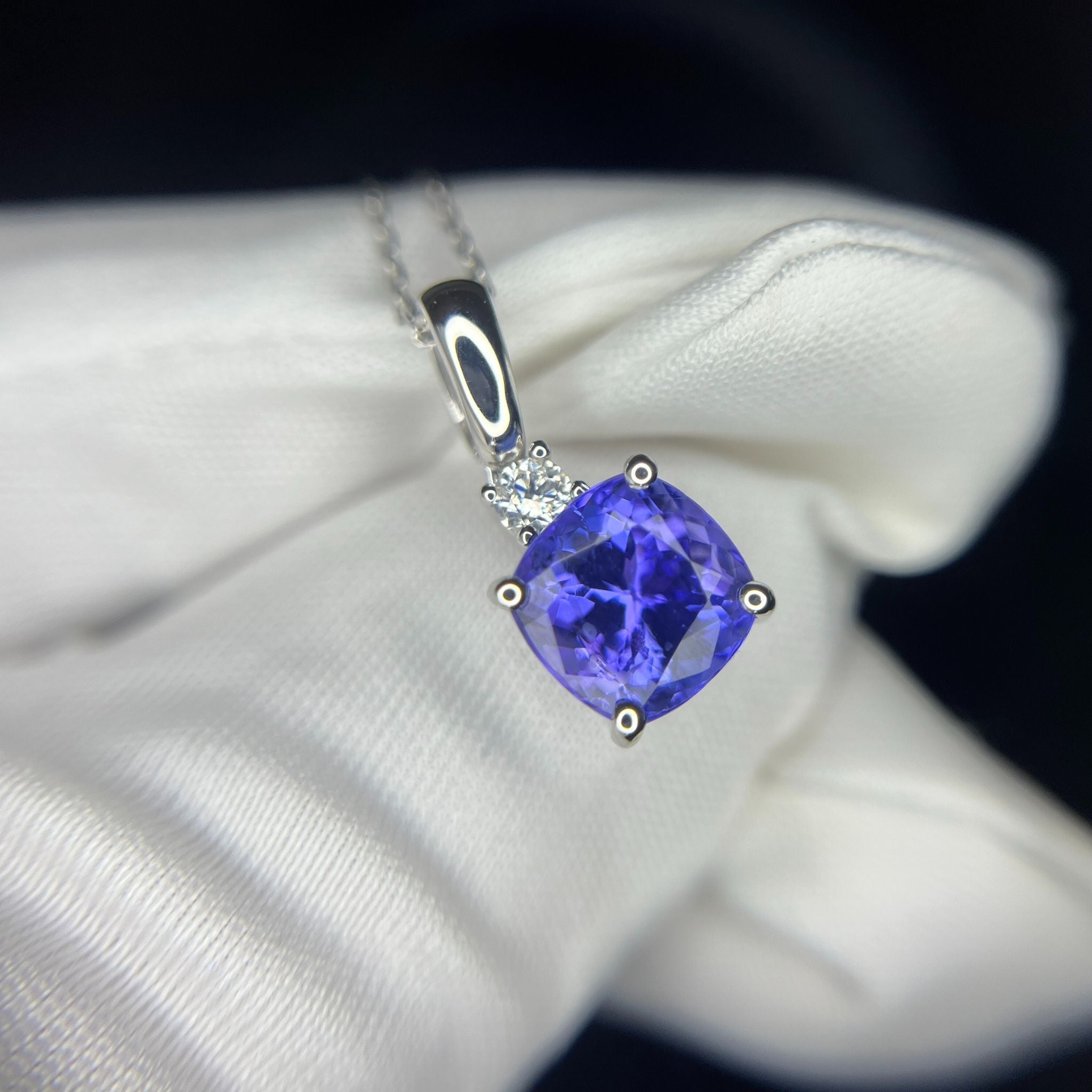 Cushion Cut Tanzanite & Diamond Pendant, White Gold