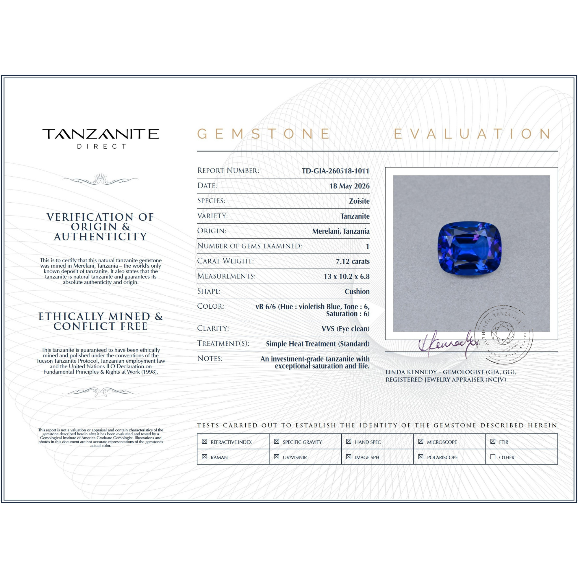 7.12 Carat Tanzanite Cushion Cut Gemstone