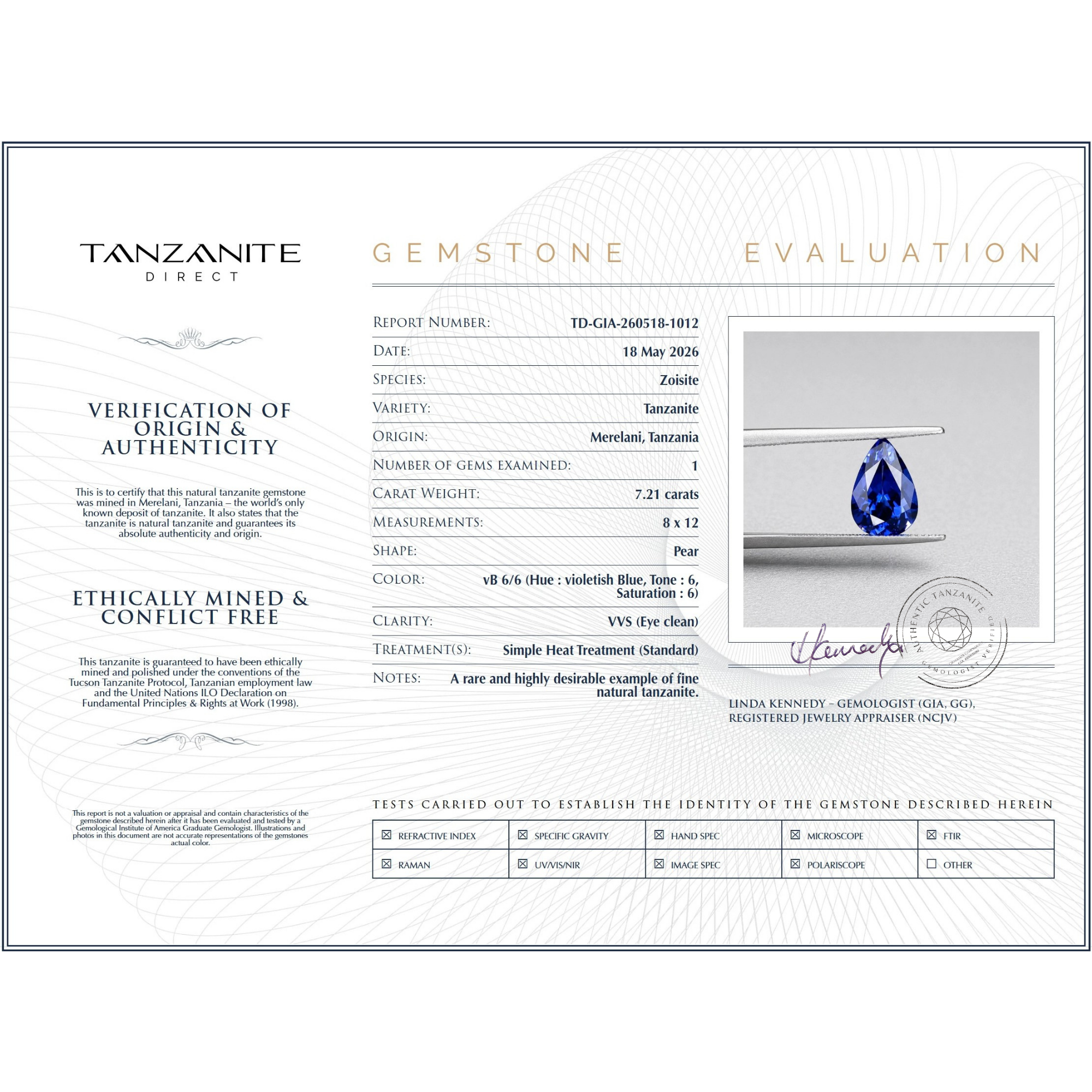7.21 Carat Tanzanite Pear Cut Gemstone