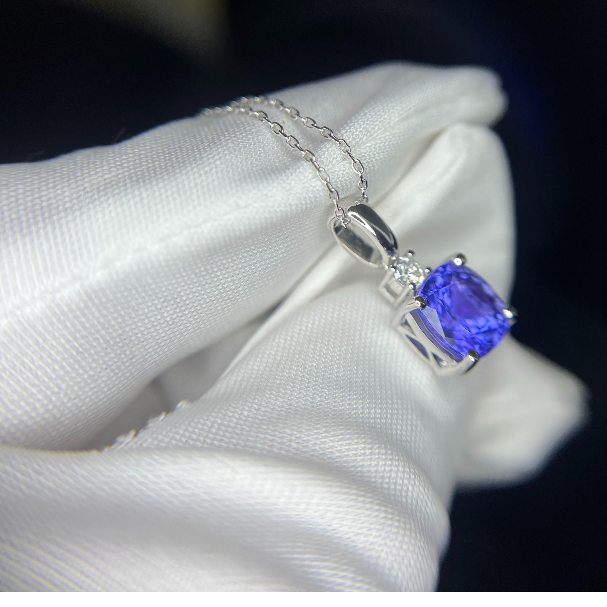 Cushion Cut Tanzanite & Diamond Pendant, White Gold