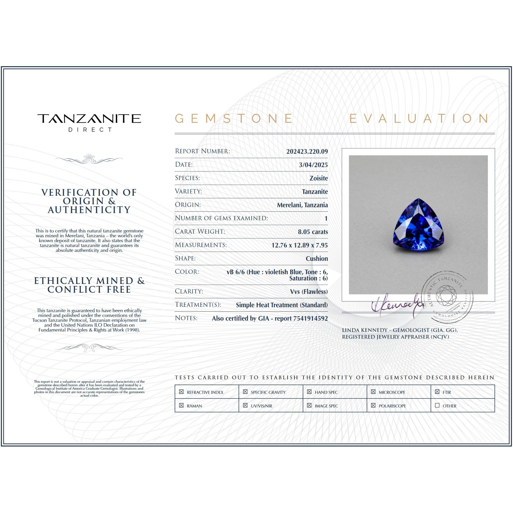 8.05 ct Trillion Cut Tanzanite Gemstone – GIA Certified
