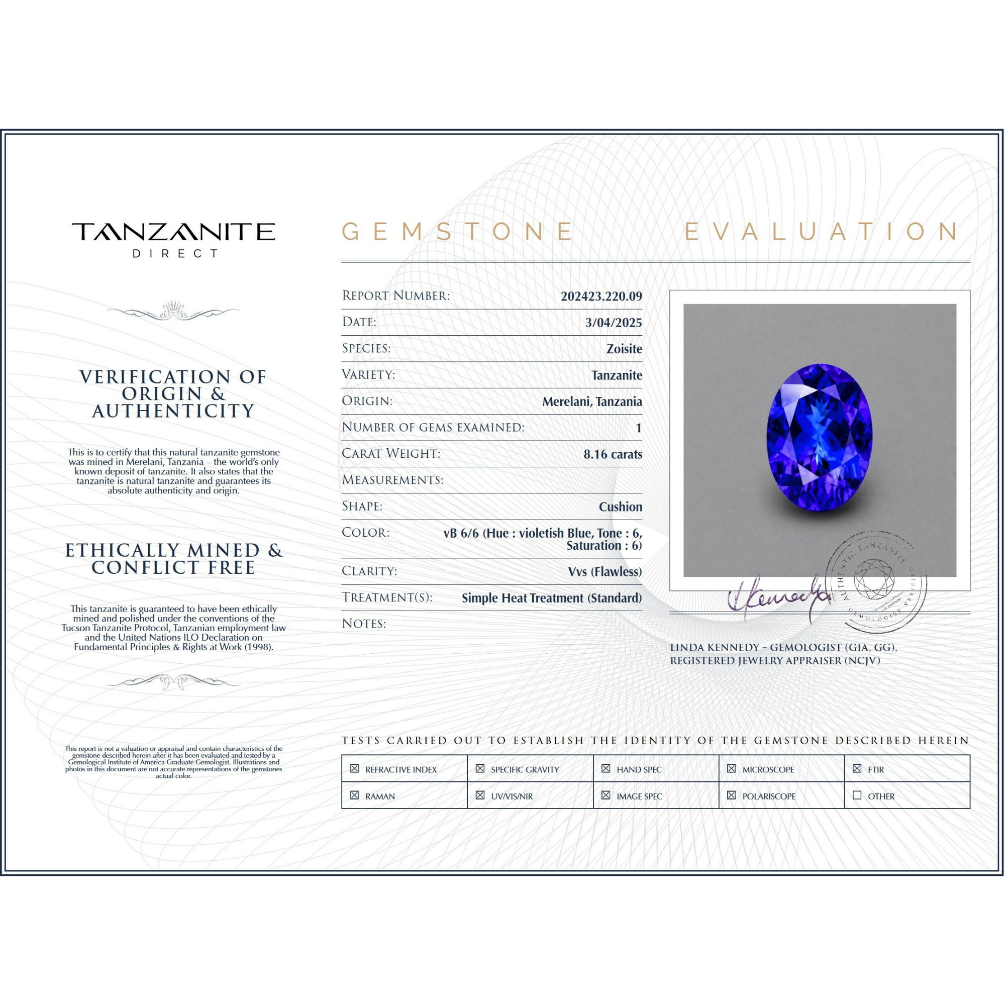 8.16 ct Oval Tanzanite Gemstone – GIA Certified