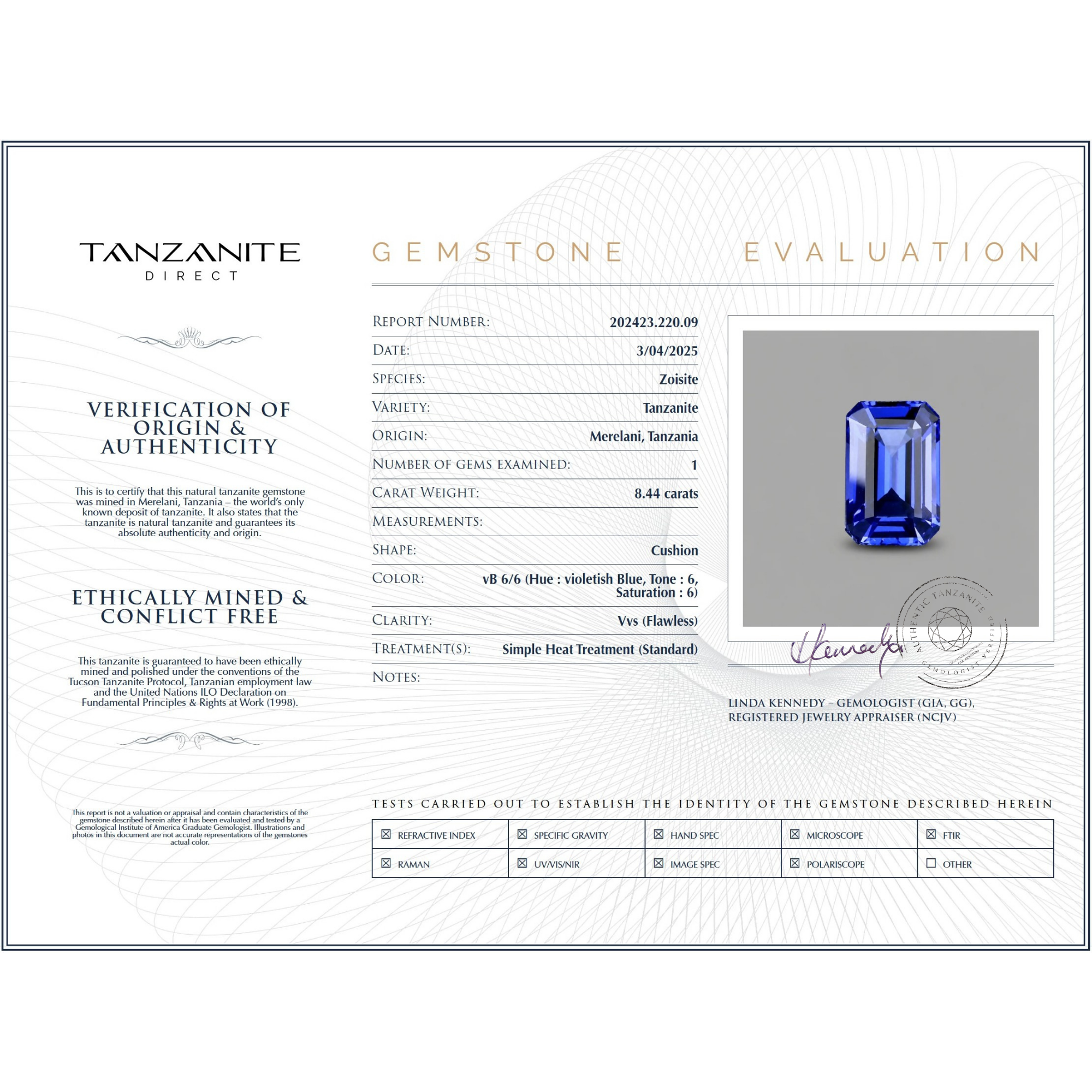 8.44 ct Emerald Cut Tanzanite Gemstone – GIA Certified