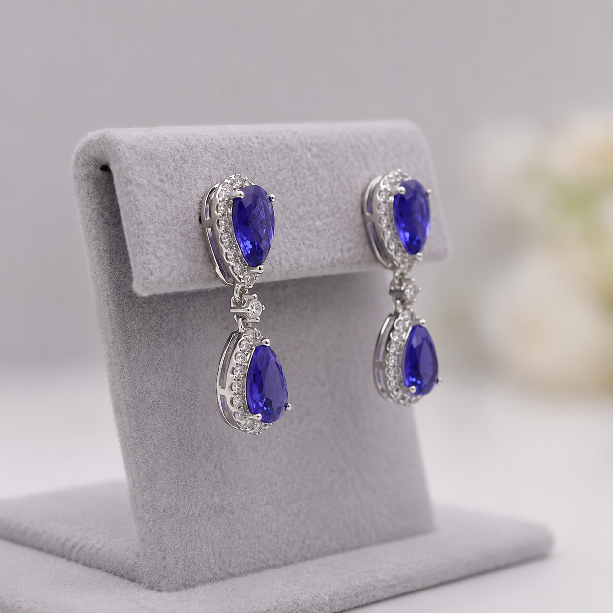 Double Pear-Shaped Tanzanite & Diamond Halo Earrings