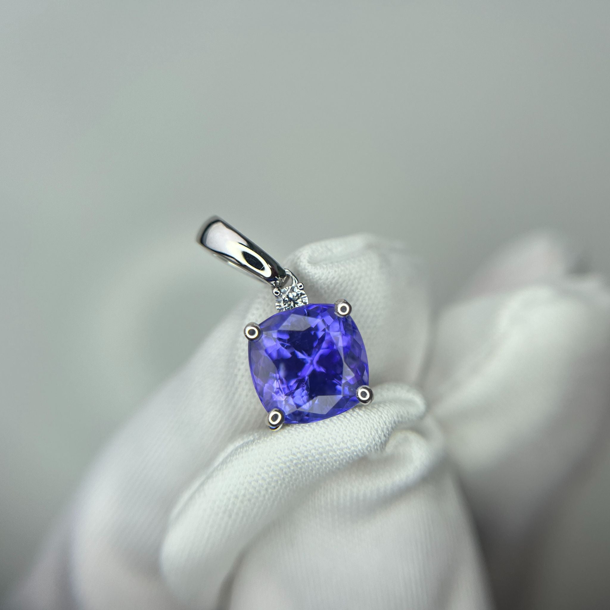 Cushion Cut Tanzanite & Diamond Pendant, White Gold