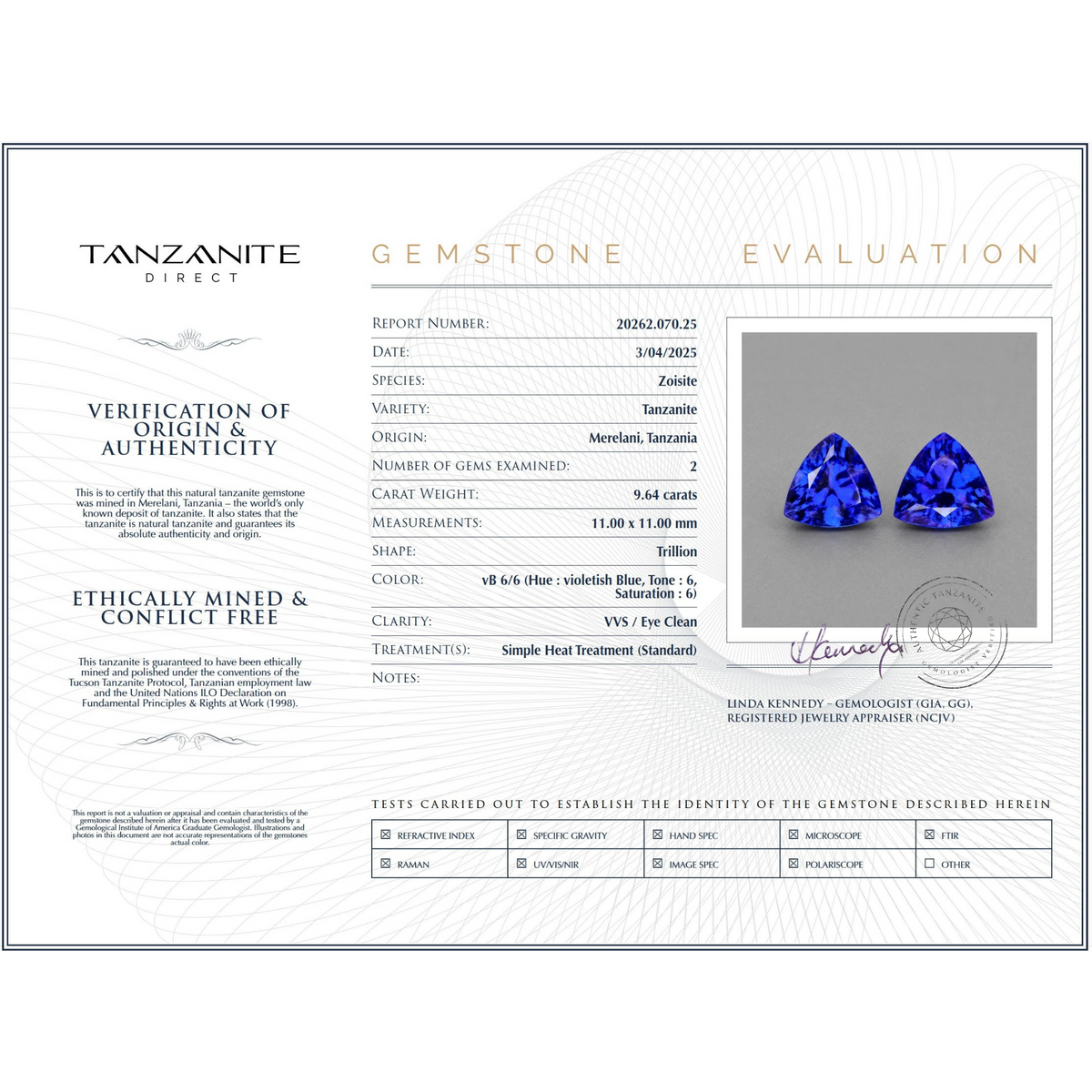 Trillion Cut Tanzanite Matching Pair -  9.64 Carats