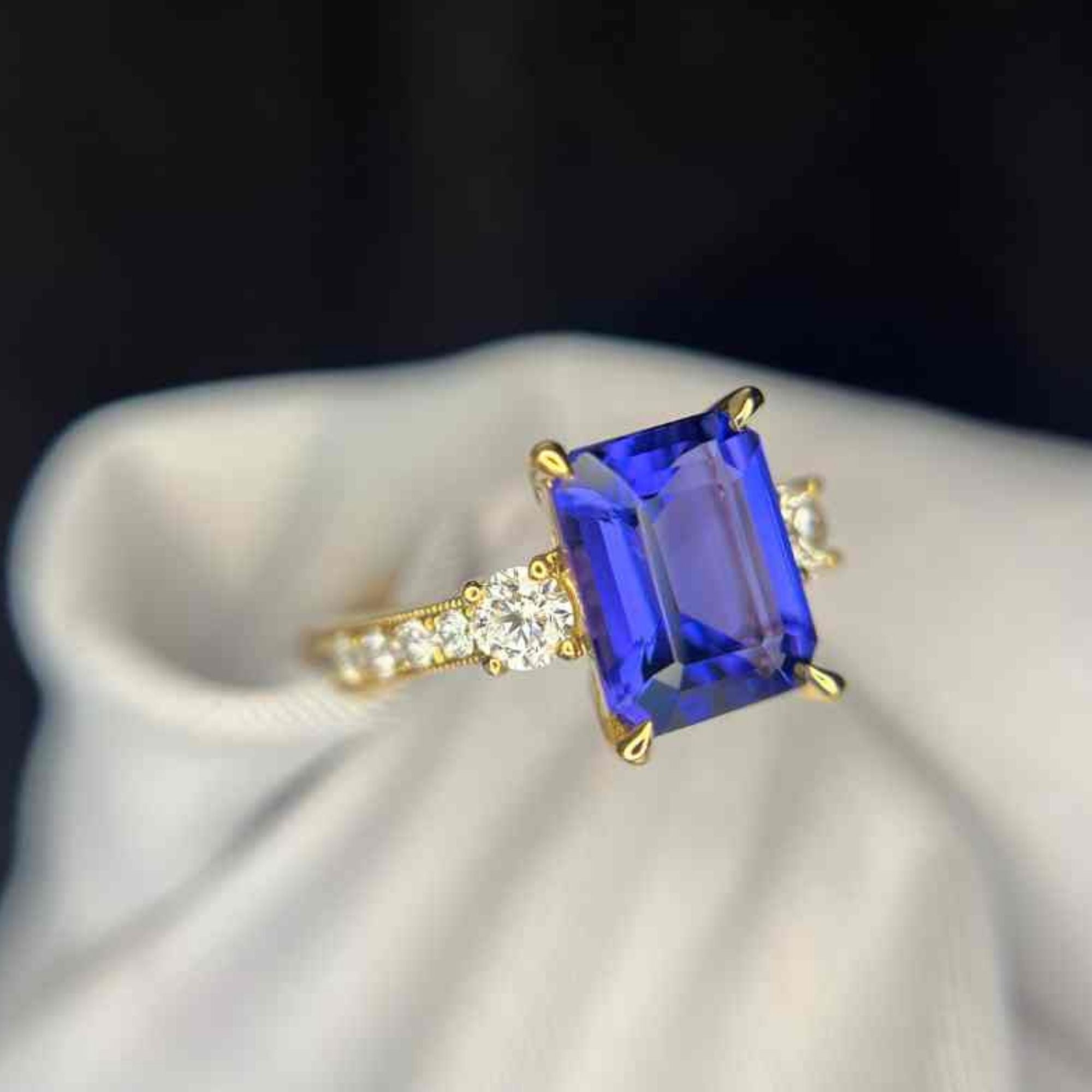 3.65 Ct Deep Blue Emerald Cut Tanzanite Ring
