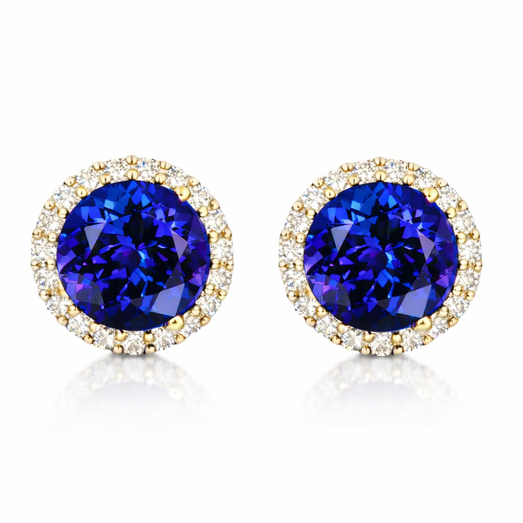 Exceptional Five Carat Tanzanite and Diamond Halo Stud Earrings – 18ct Yellow Gold