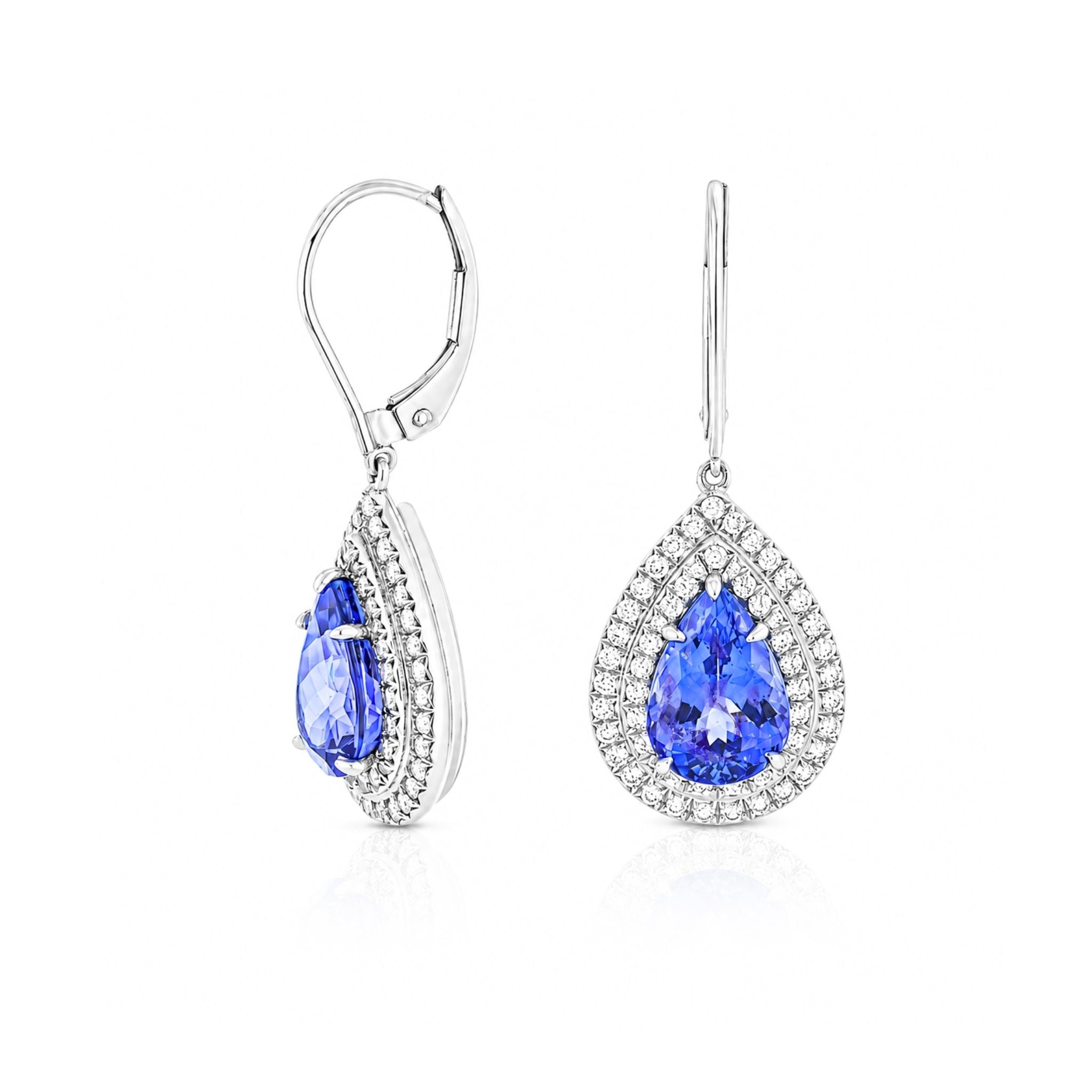 Pear-Shaped Tanzanite Double Halo Drop Earrings