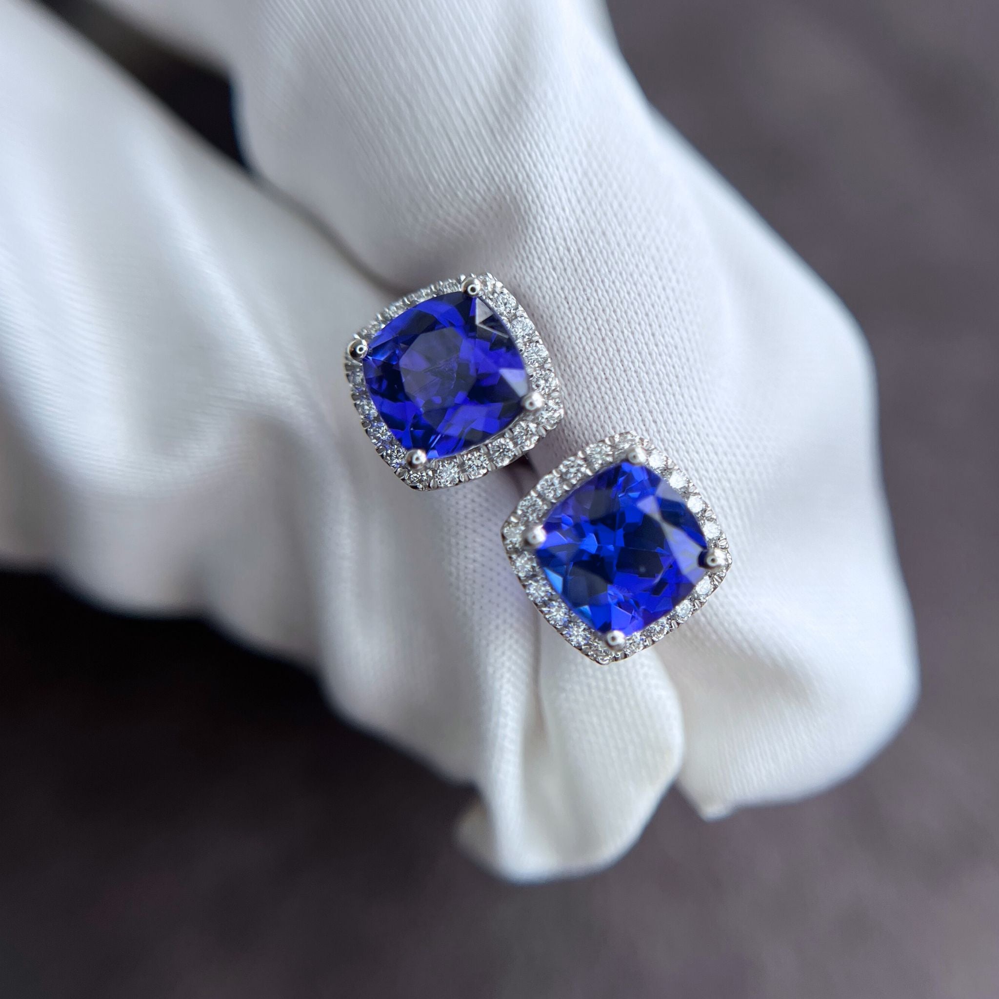Exceptional 3.25 Ct Cushion Cut & Diamond Halo Tanzanite Earrings