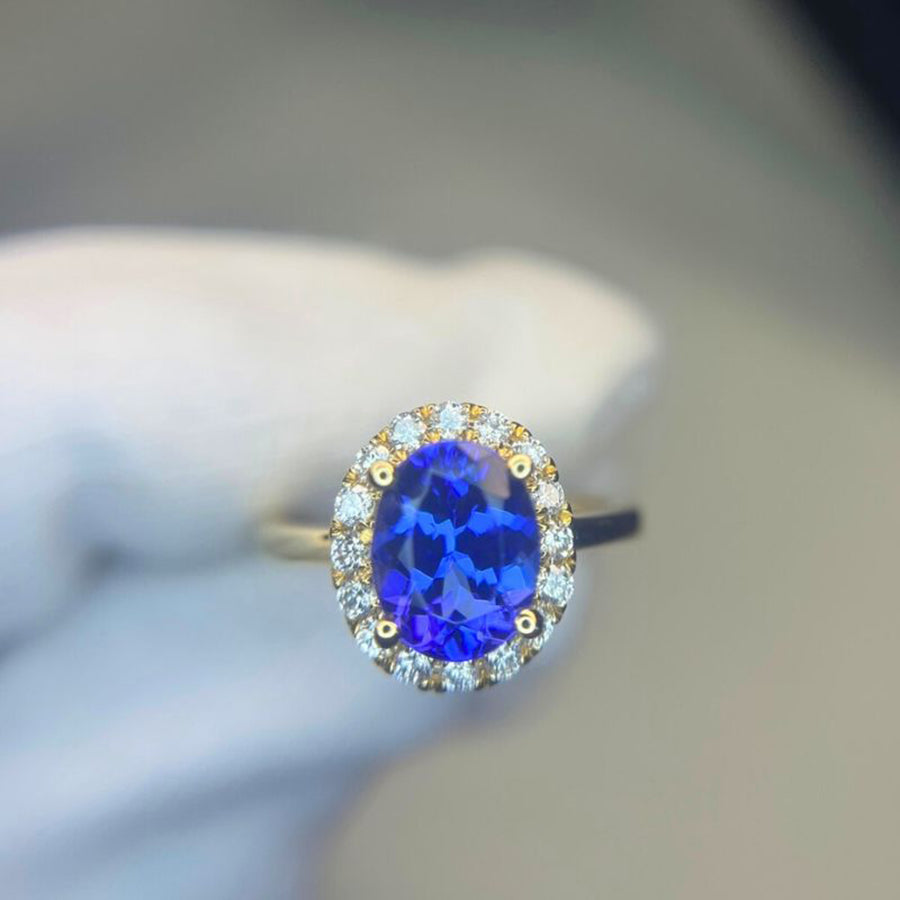 ”Kate” 2.00 Ct Oval Tanzanite & Diamond Halo Ring in Yellow Gold