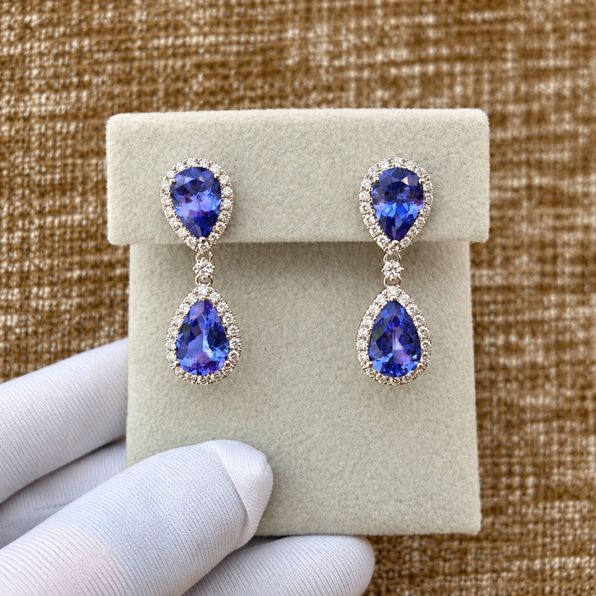 Double Pear-Shaped Tanzanite & Diamond Halo Earrings -