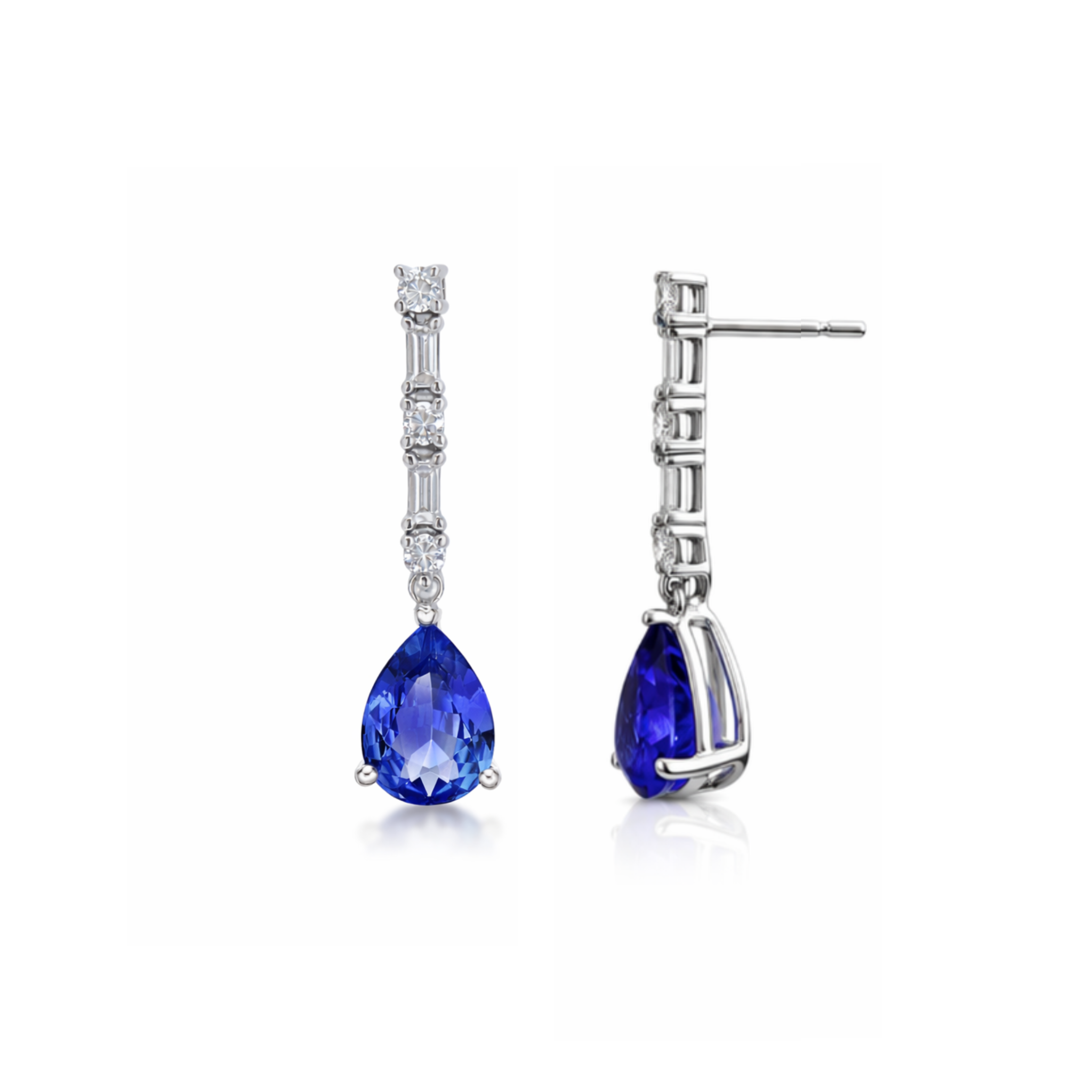Pear Drop Tanzanite Earrings with Baguette Diamonds