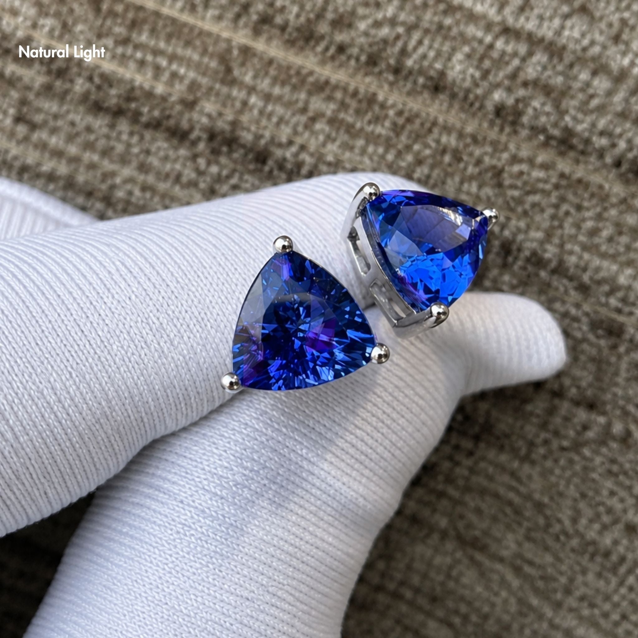 Premium Trillion Cut Tanzanite Stud Earrings in 18k White Gold