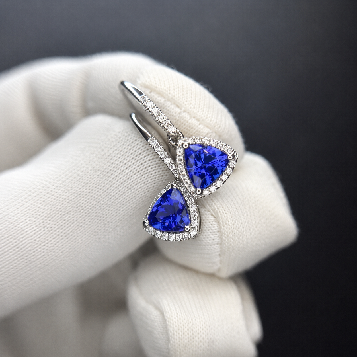 Trillion Cut Tanzanite & Diamond Halo Dangle Earrings - Made to Order