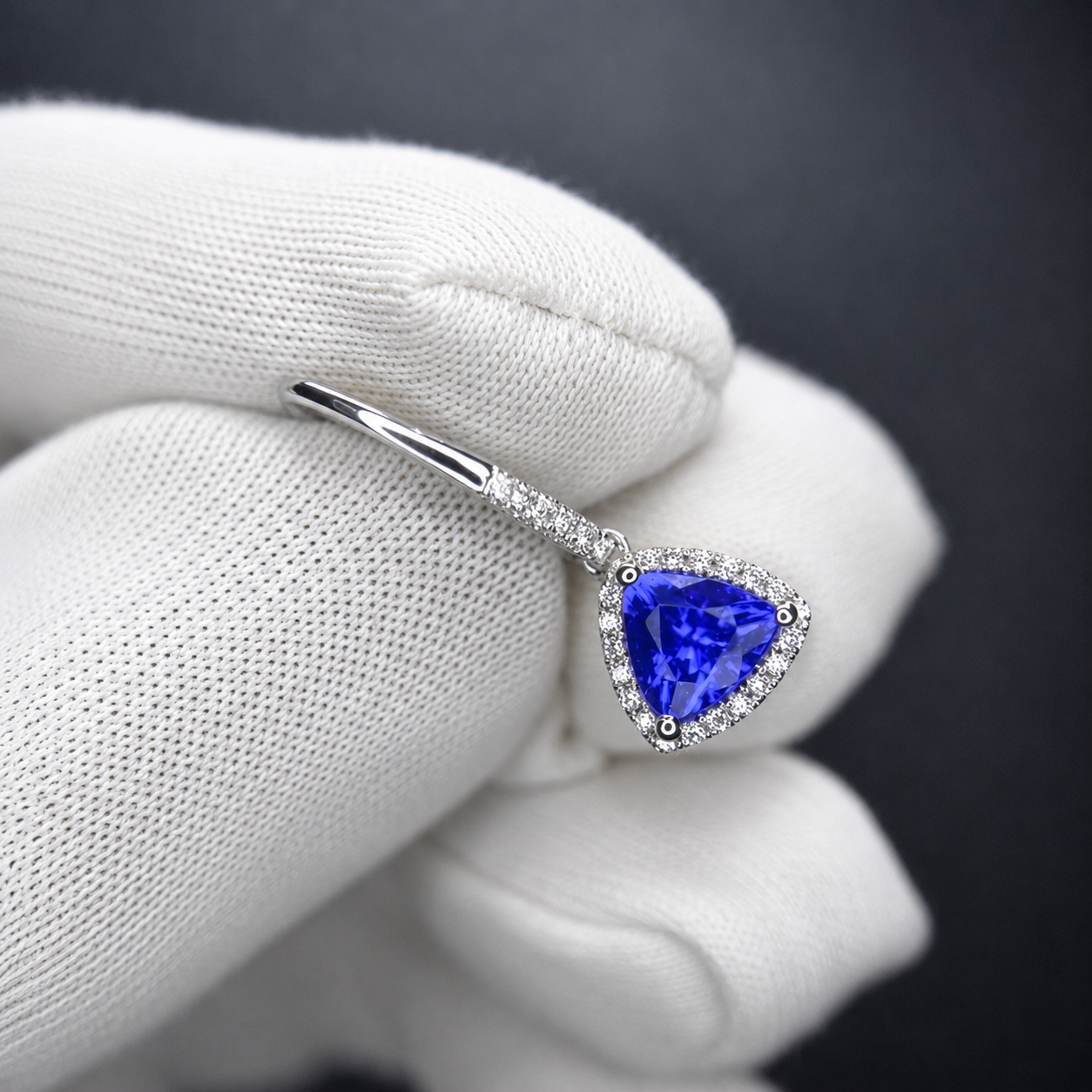 Trillion Cut Tanzanite & Diamond Halo Dangle Earrings - Made to Order