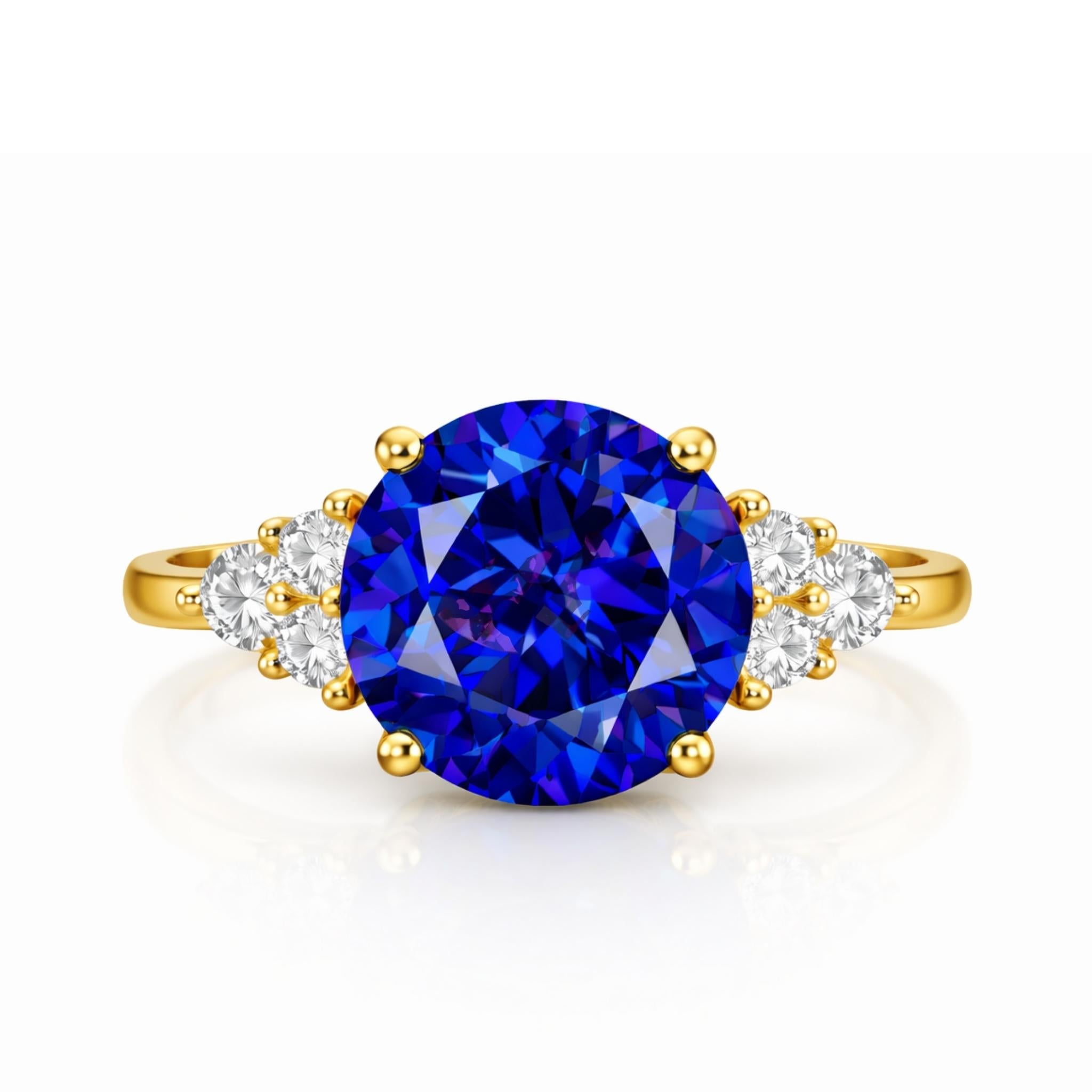 Round Solitaire Tanzanite Diamond Ring - 4.94 Cts -18K Yellow Gold