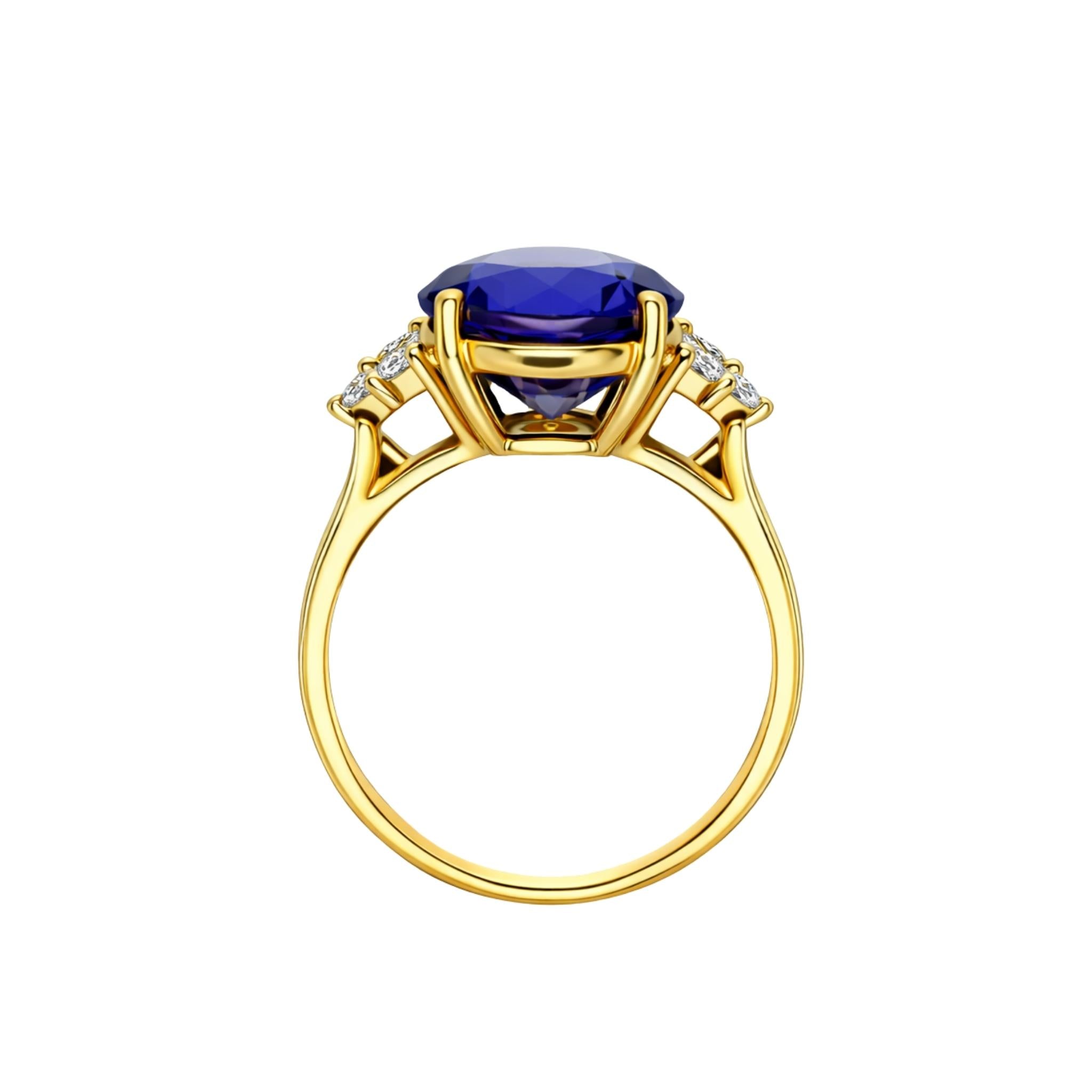 Round Solitaire Tanzanite Diamond Ring - 4.94 Cts -18K Yellow Gold