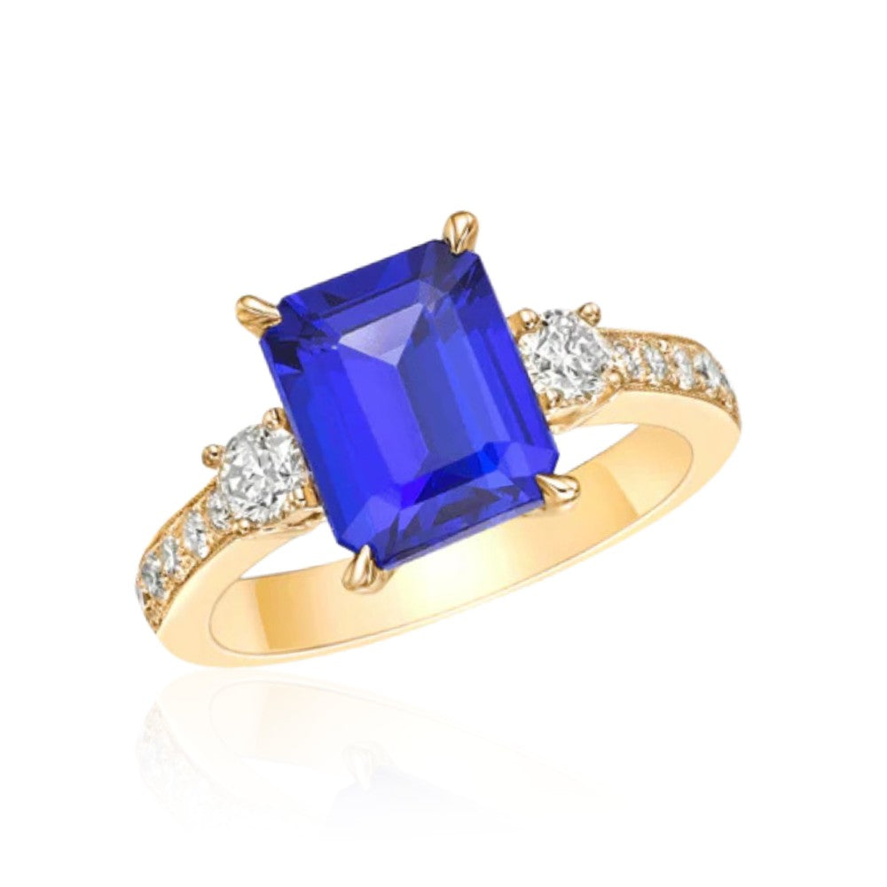 3.65 Ct Deep Blue Emerald Cut Tanzanite Ring