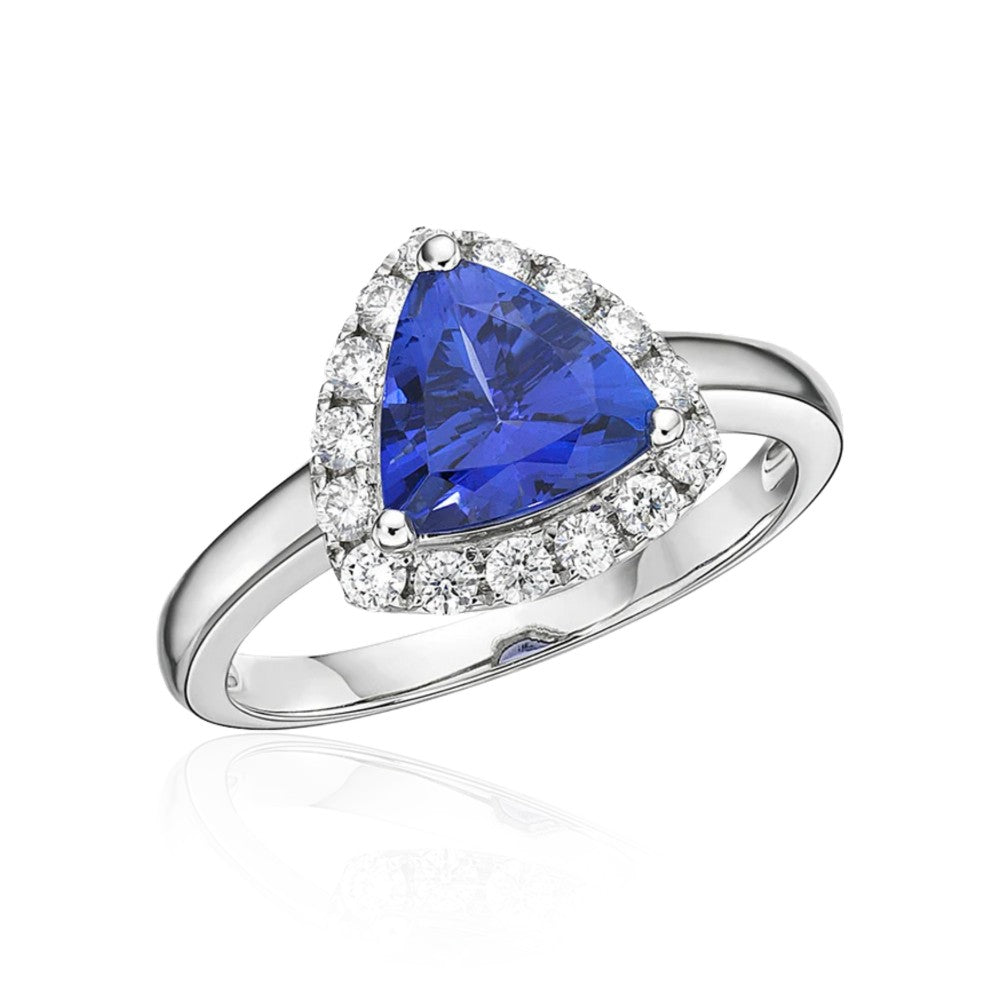 2.22 Ct Trillion Cut Tanzanite Ring with Diamond Halo