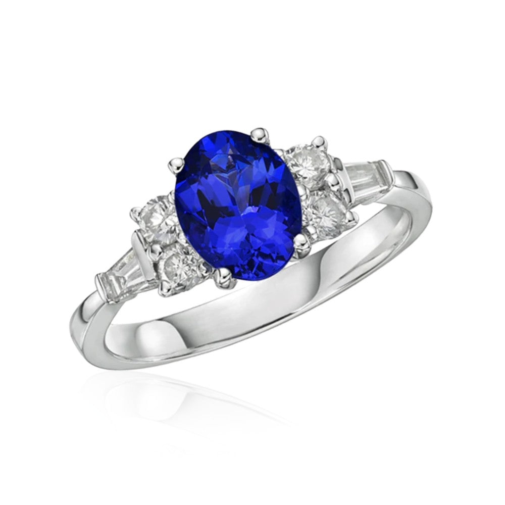 “Balmoral” Oval Tanzanite & Baguette Diamond Engagement Ring