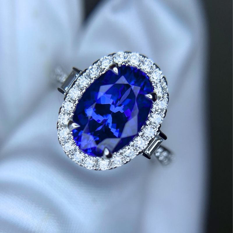 3.40 Ct Oval Tanzanite Ring with Baguette Diamonds & Halo