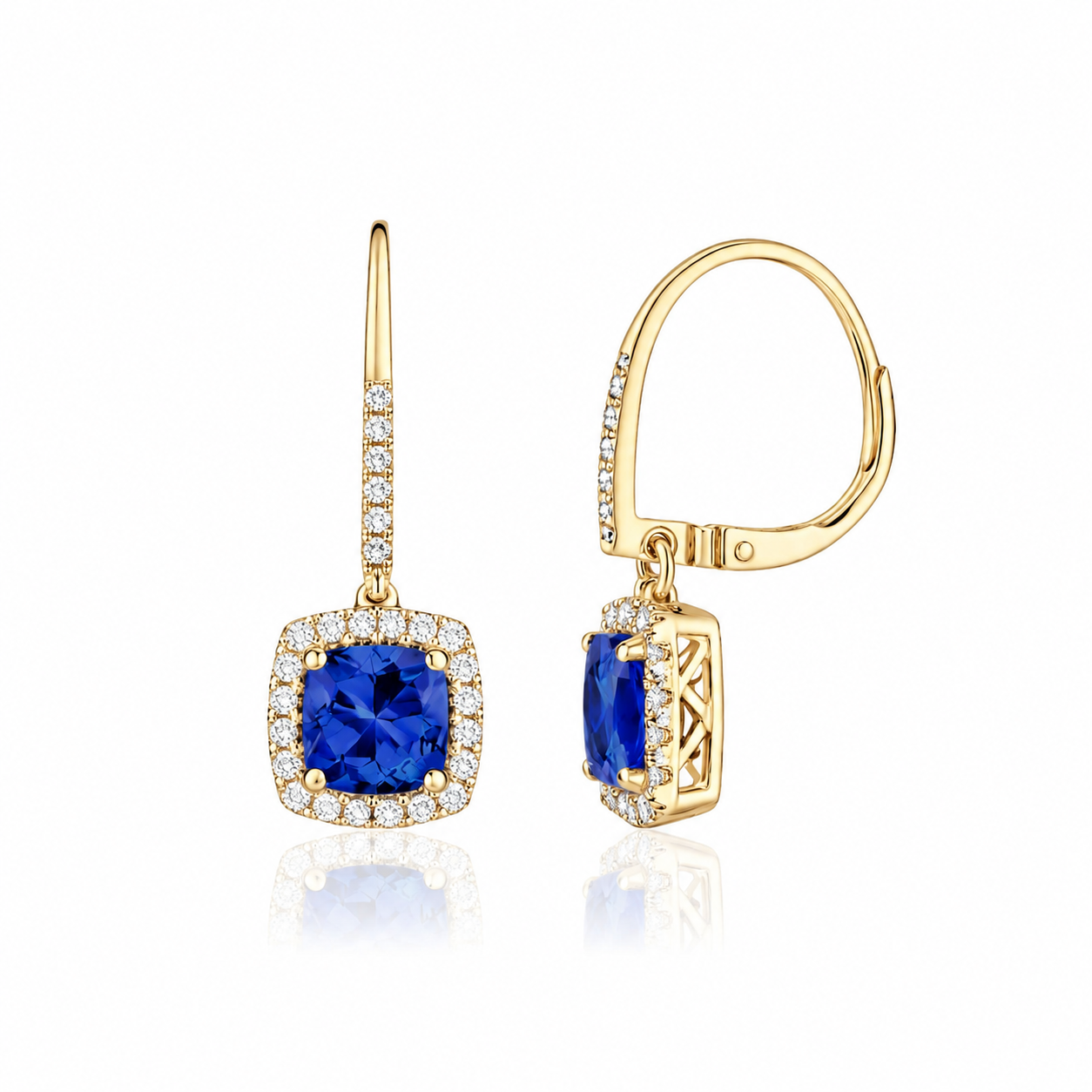 2.00 Ct Cushion Cut Tanzanite & Diamond Halo Drop Earrings