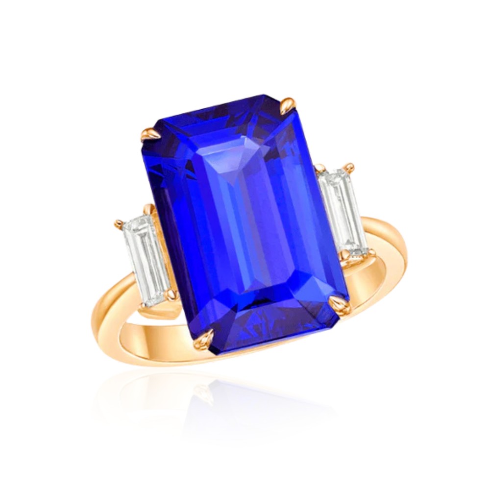 9 Carat Emerald Cut Tanzanite Ring with Baguette Diamonds - Made to Order