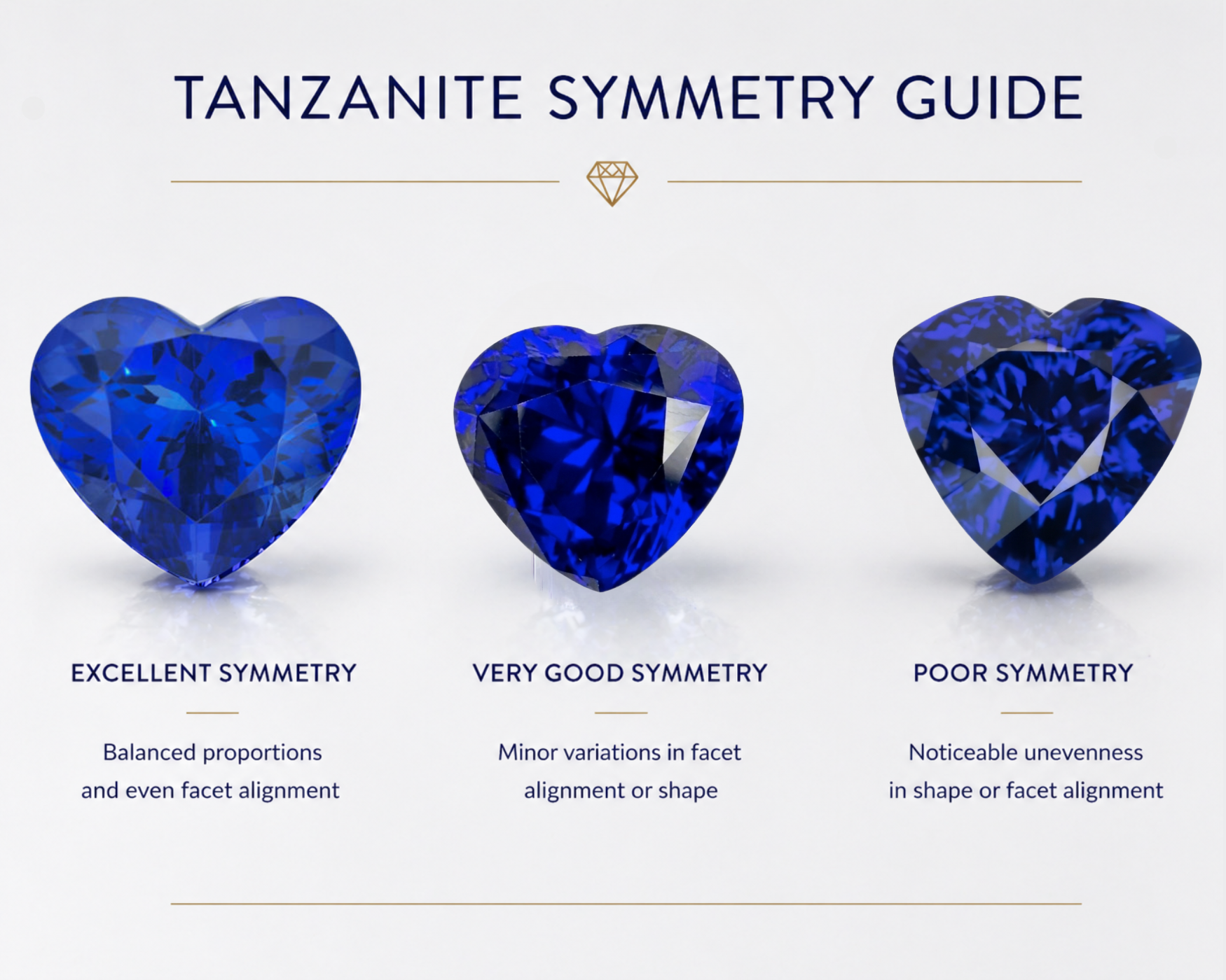 Tanzanite symmetry guide with heart-shaped gemstones on a white background