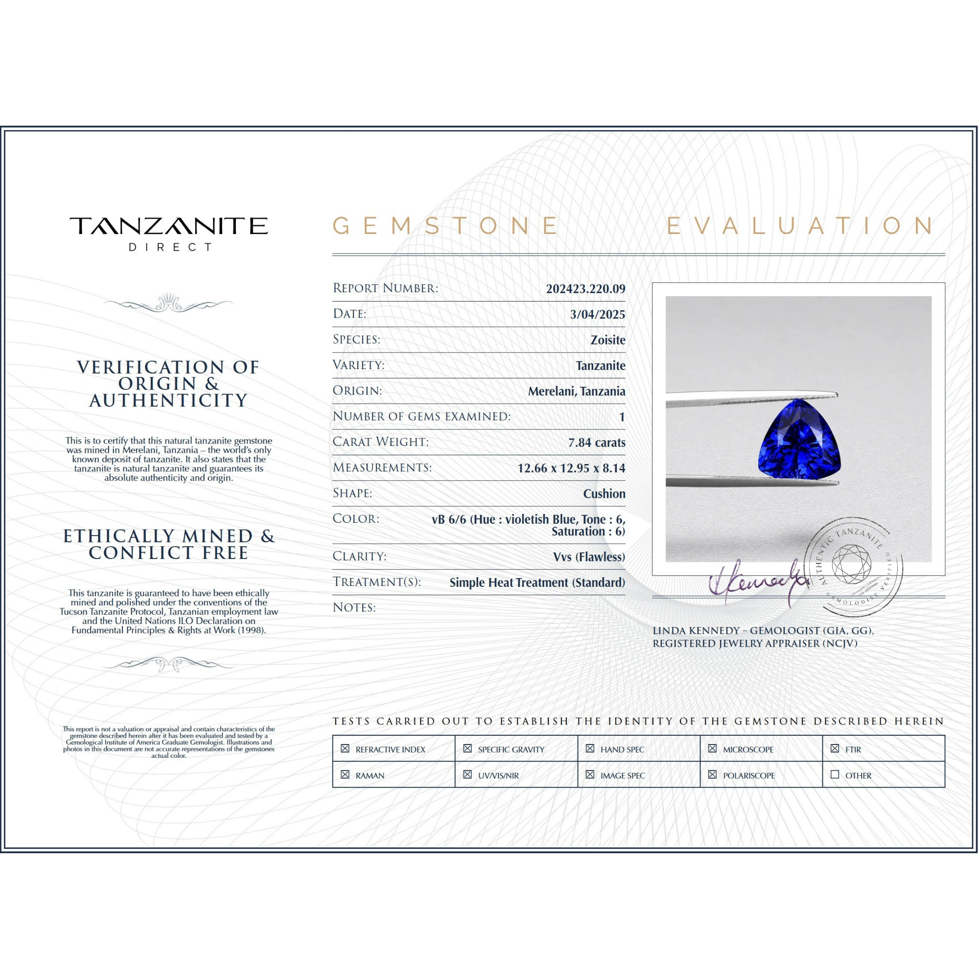 7.84 ct Trillion Tanzanite Gemstone – GIA Certified
