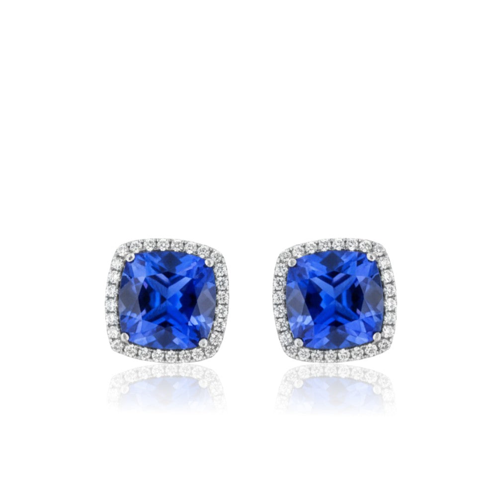 Exceptional 3.25 Ct Cushion Cut & Diamond Halo Tanzanite Earrings