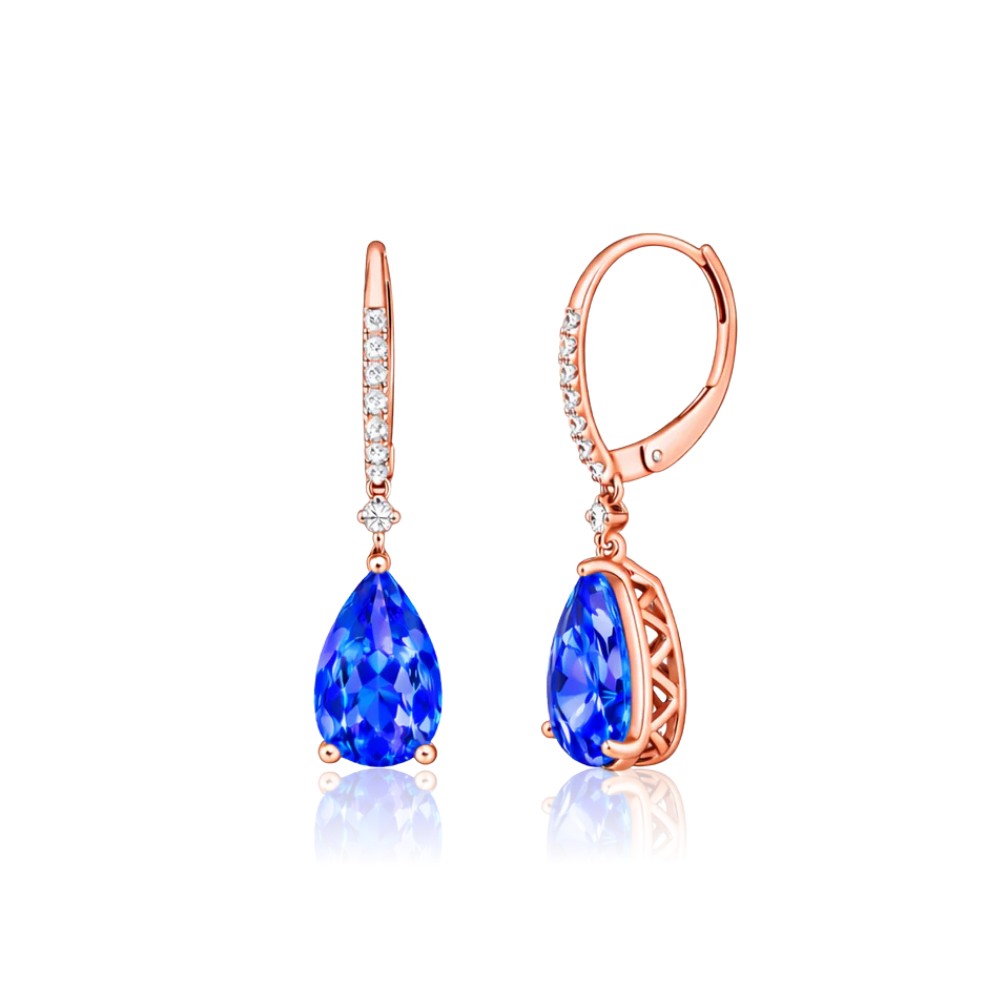 Pear-Shaped Tanzanite Drop Earrings in Yellow or Rose Gold
