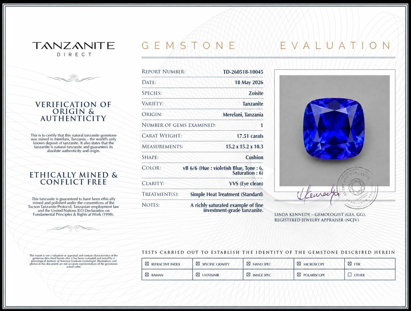 17.51 carat cushion-cut tanzanite gemstone, investment grade