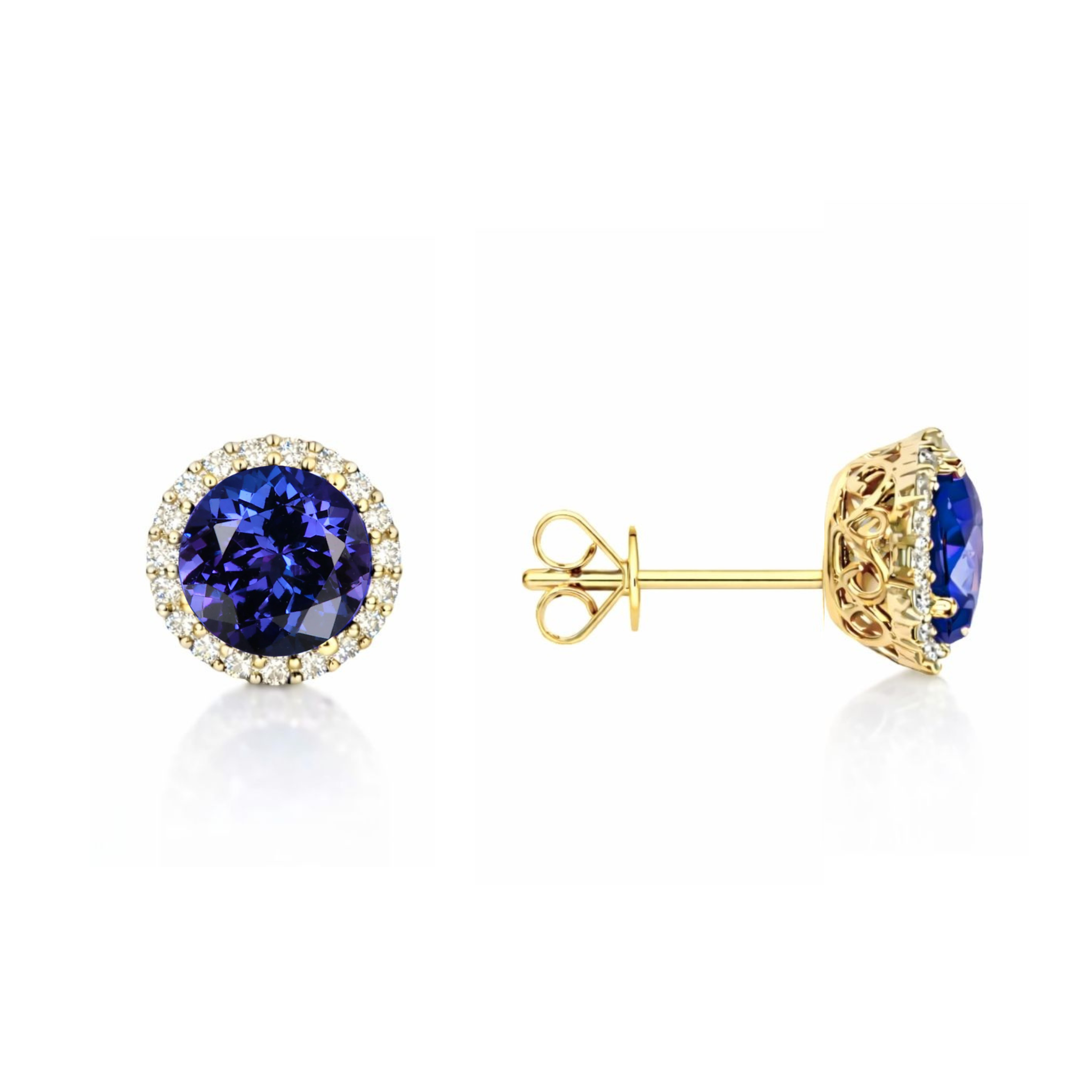 Exceptional Five Carat Tanzanite and Diamond Halo Stud Earrings – 18ct Yellow Gold