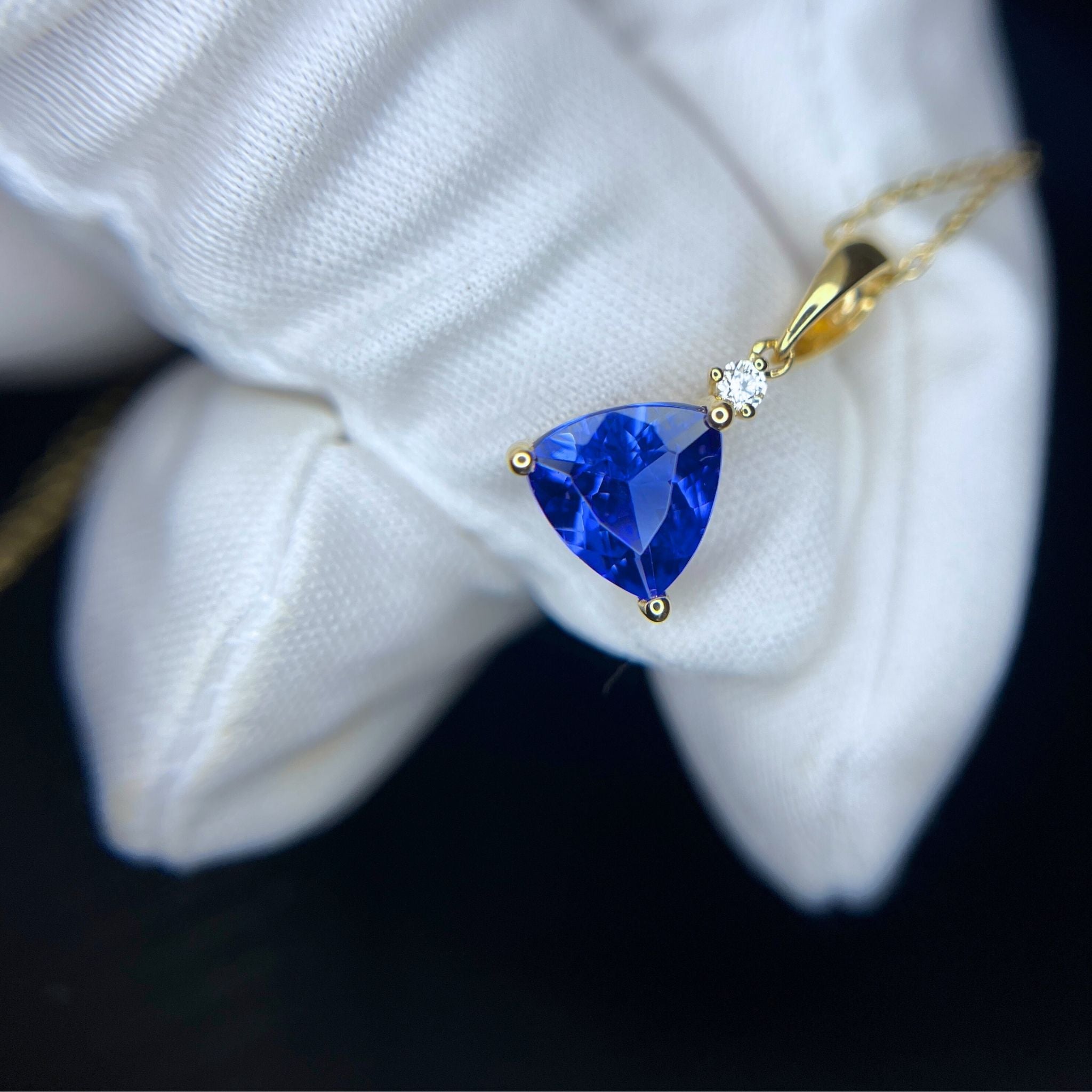 Trillion Cut Tanzanite & Diamond Pendant in Yellow