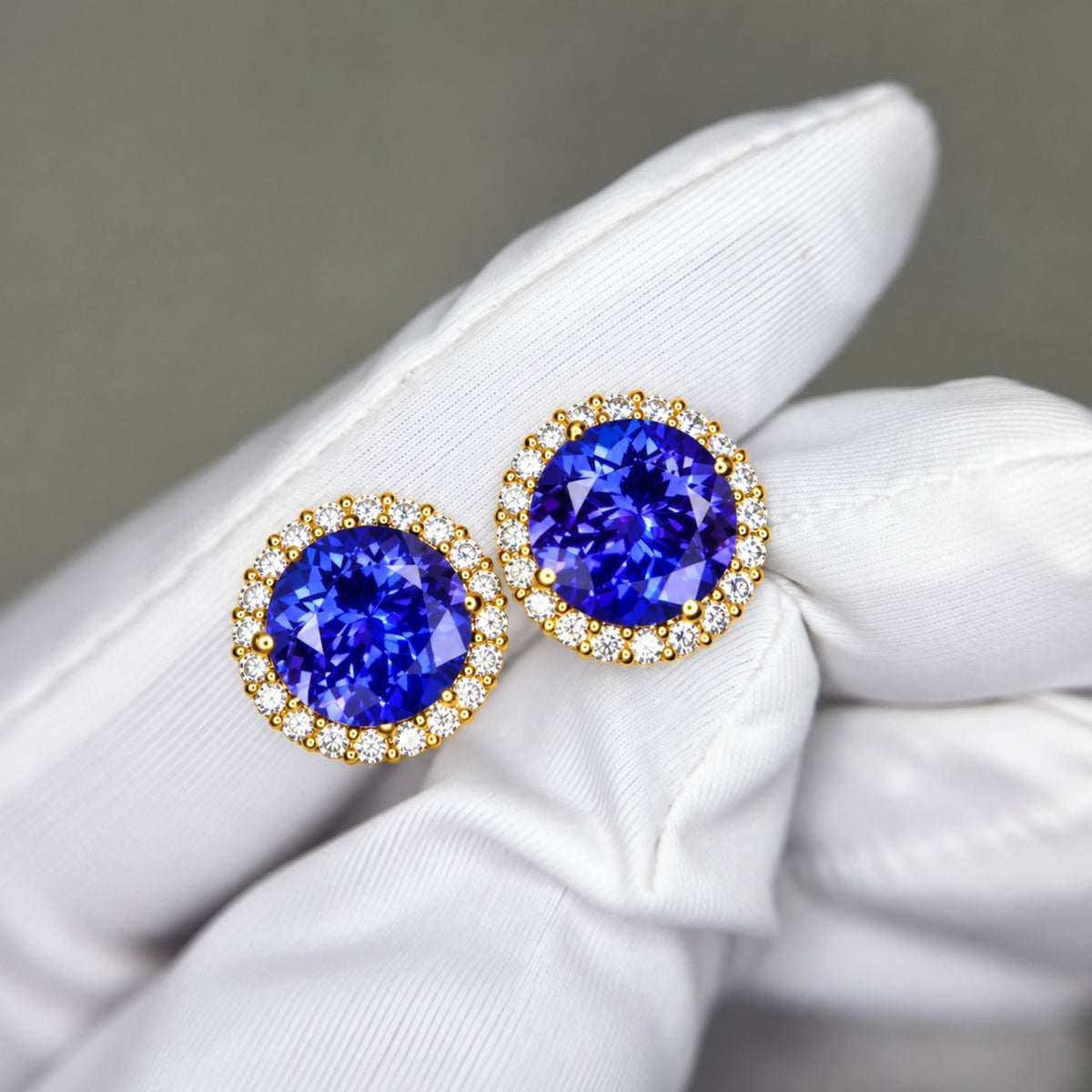 Exceptional Five Carat Tanzanite and Diamond Halo Stud Earrings – 18ct Yellow Gold