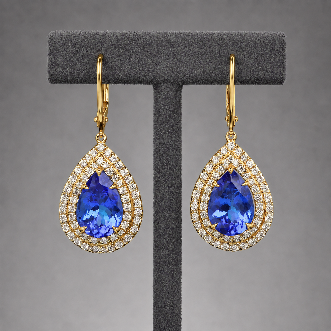 Pear-Shaped Tanzanite Double Halo Drop Earrings